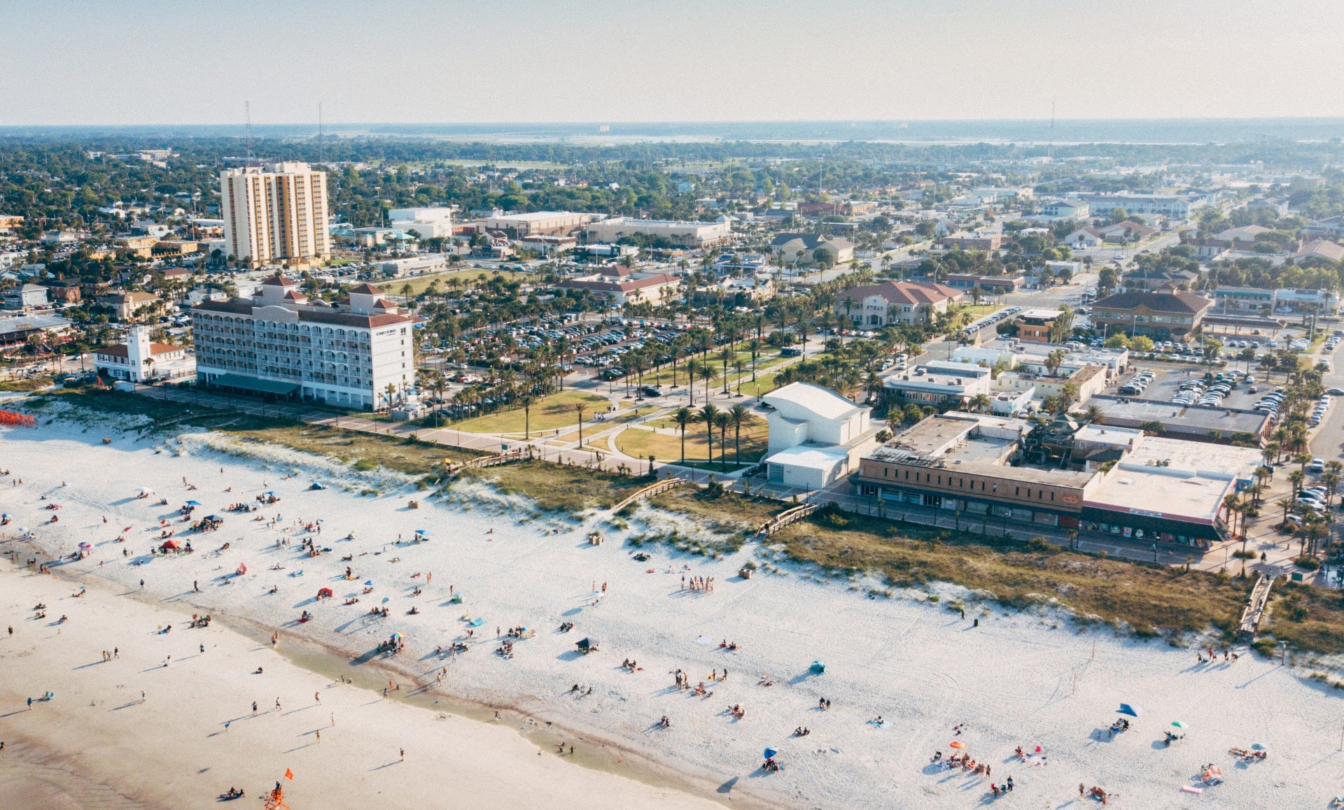 An arial view of the city of Jacksonville, including the beach.
