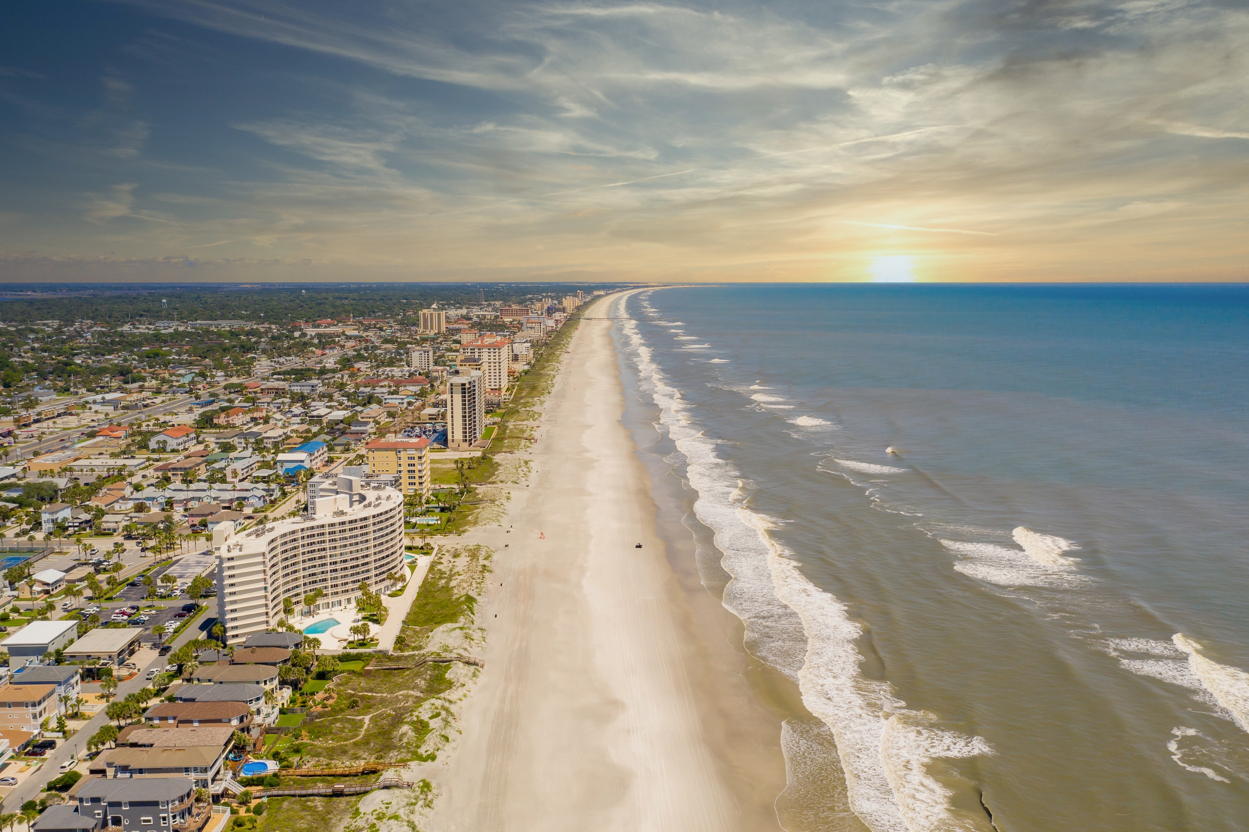 An arial view of the city of Jacksonville, including the beach.