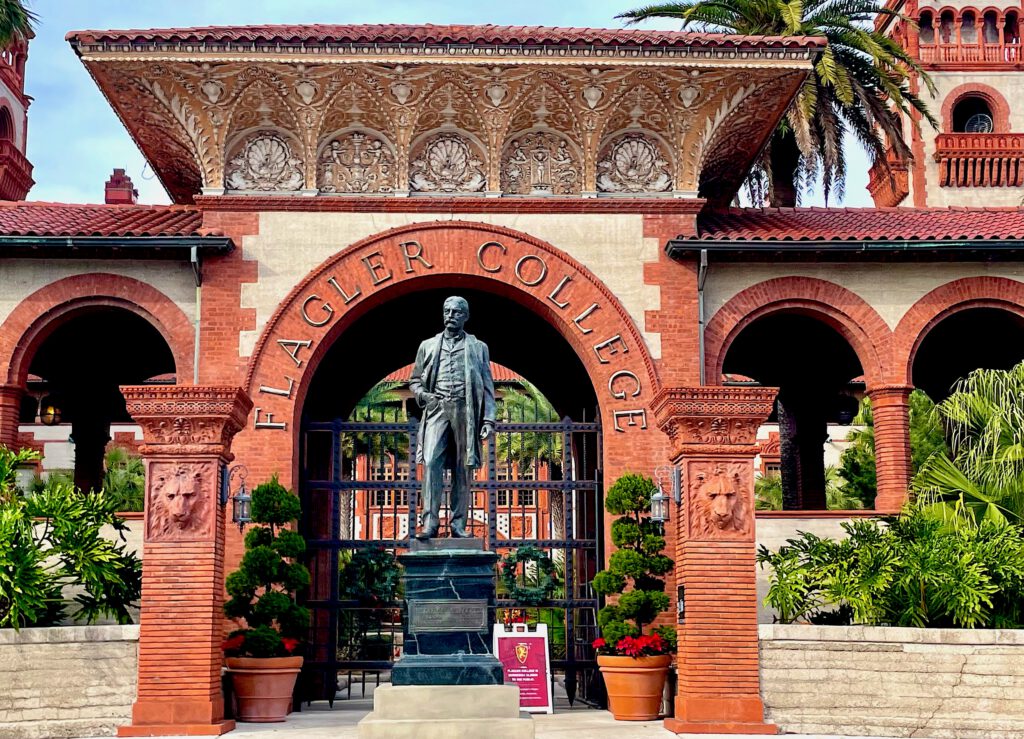 A statue honoring industrialist Henry Flagler stands outside the entrance to Flagler College in downtown St. Augustine.