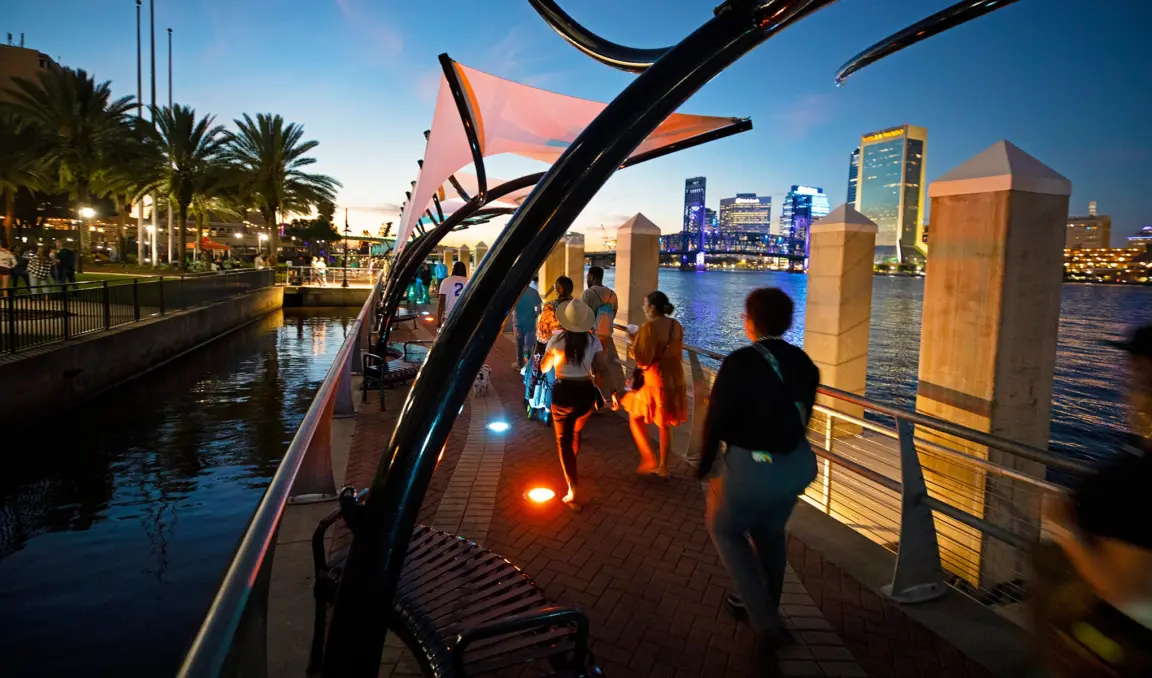 A Jacksonville pedestrian bridge is bustling with nightlife.