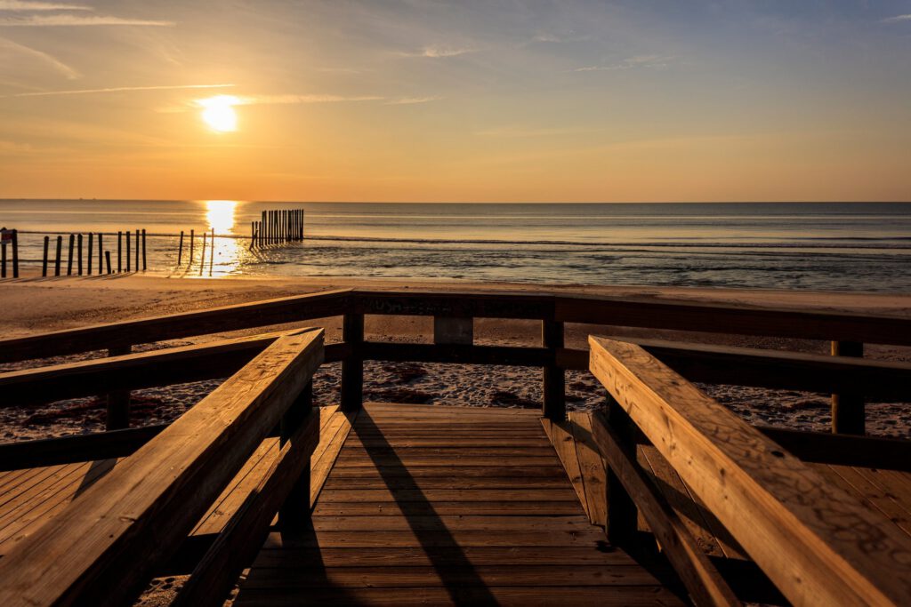 A sunset boardwalk view.