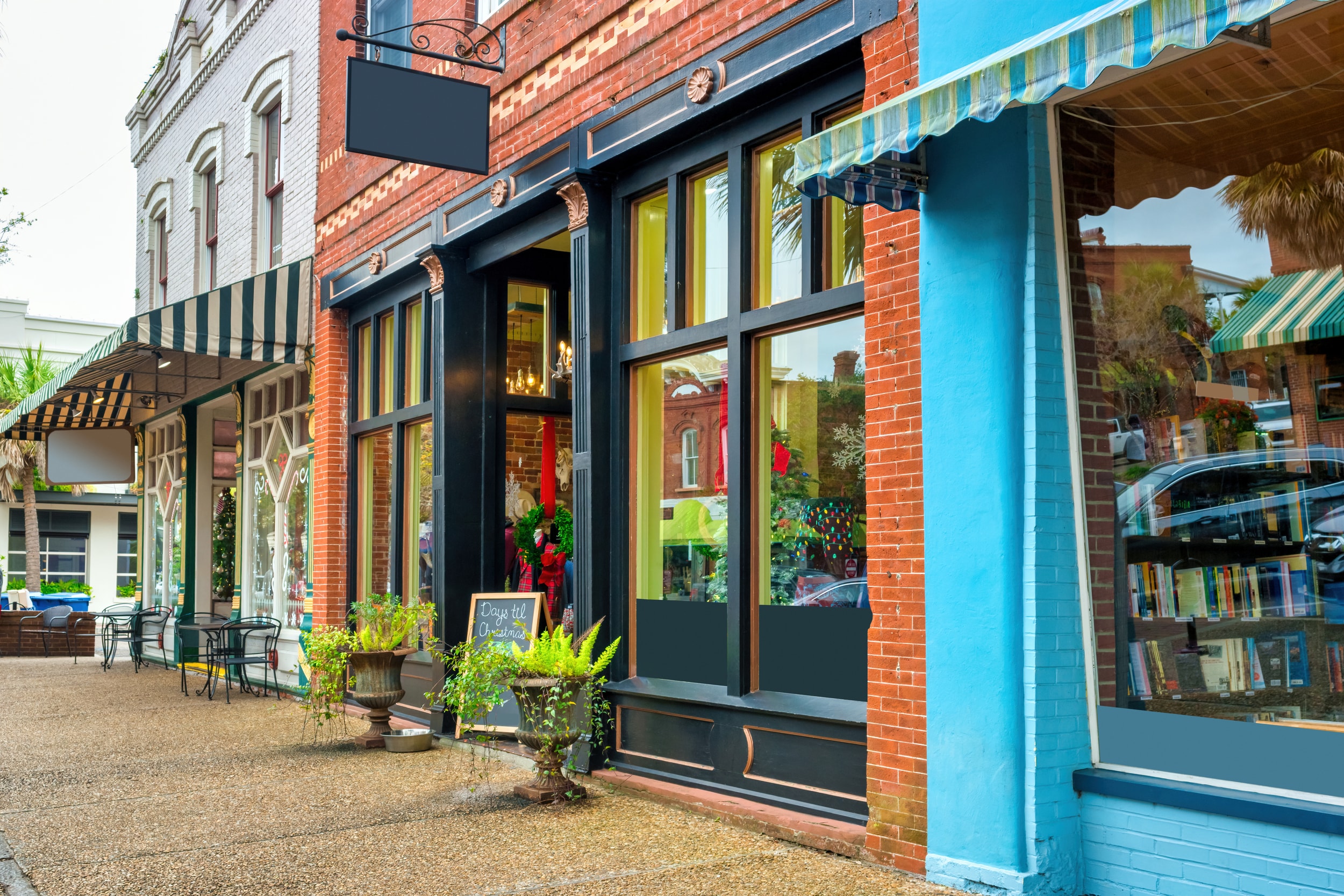 Colorful stores in downtown Fernandina Beach, Amelia Island, Florida, USA.